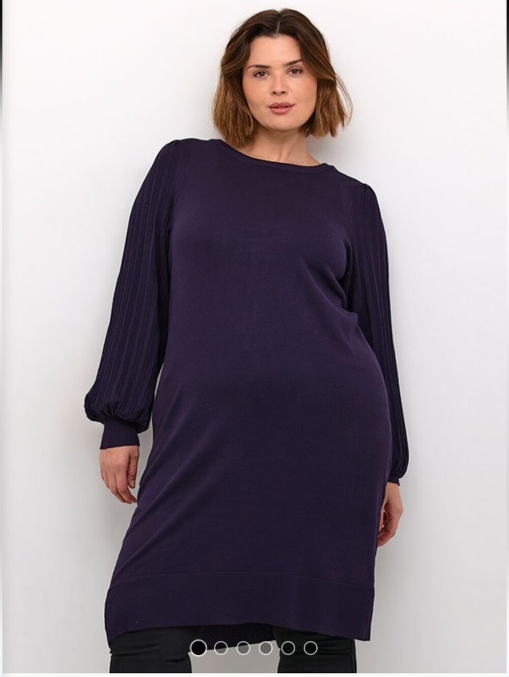 Kaffe Kjole Long-Sleeve Sweater Pleated-Sleeve Midi Dress in Deep Purple